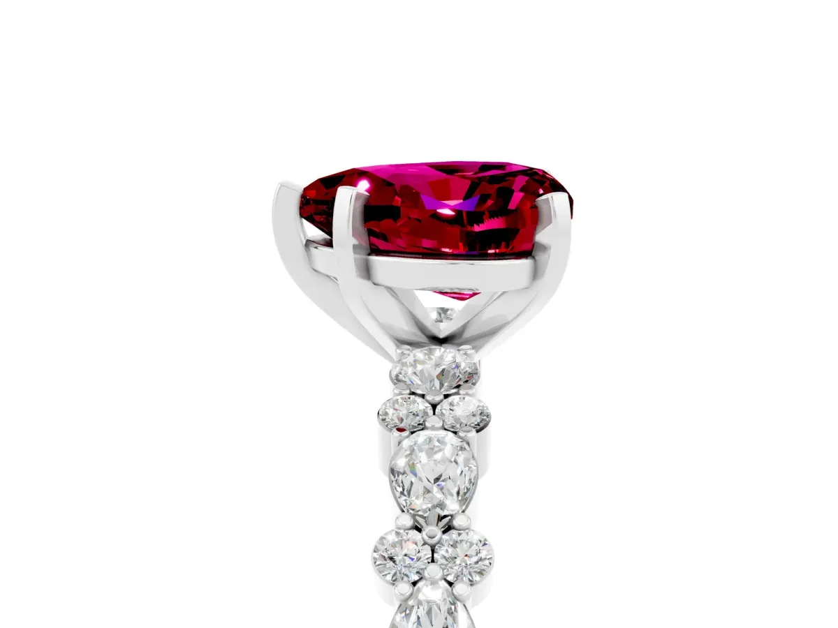 Heart Cut Garnet Side Stone Solitaire Ring with Round and Four-Prong Setting Platinum
