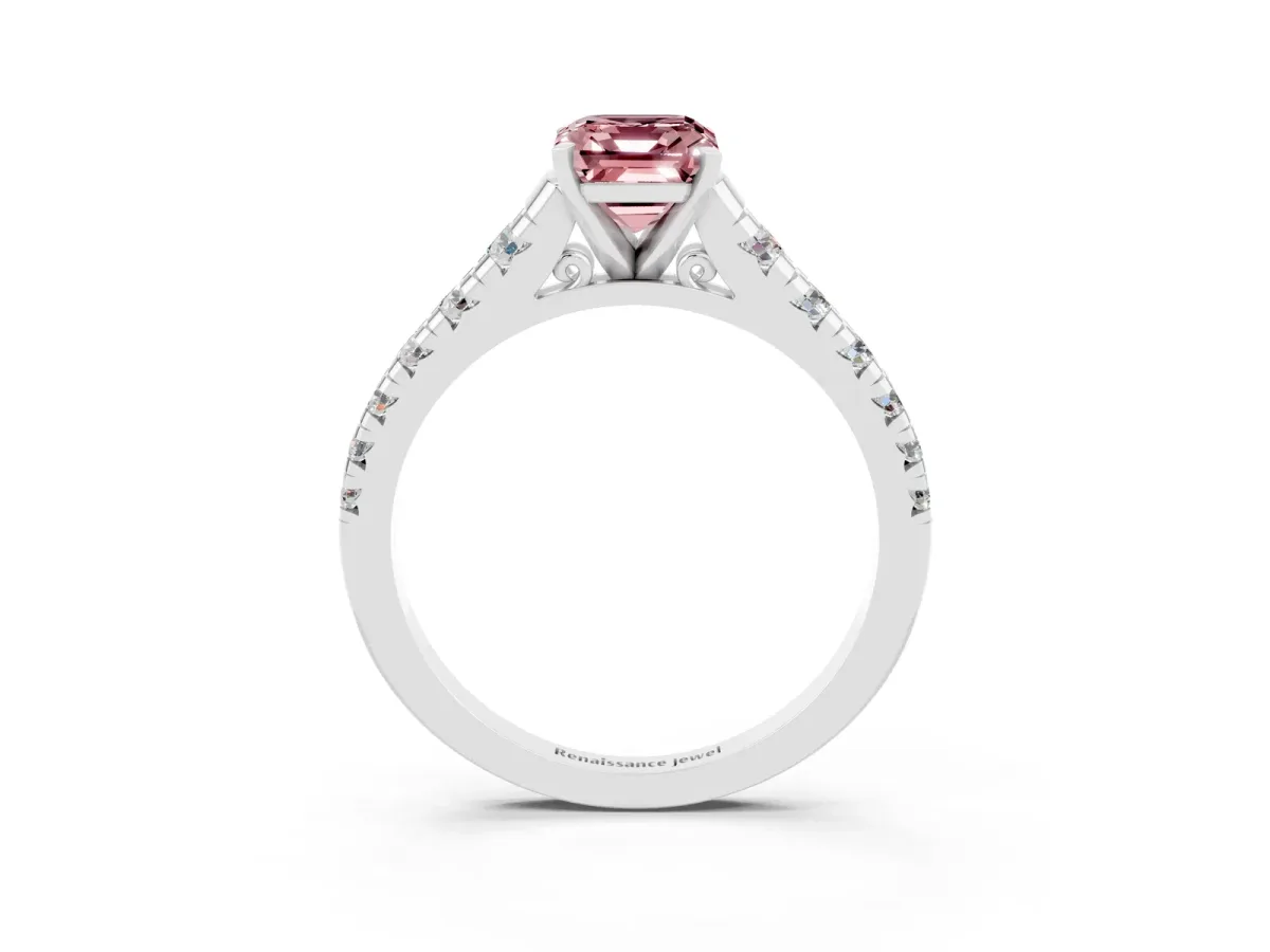Emerald Cut Morganite Cathedral Solitaire Ring with Round Pavé Band Platinum