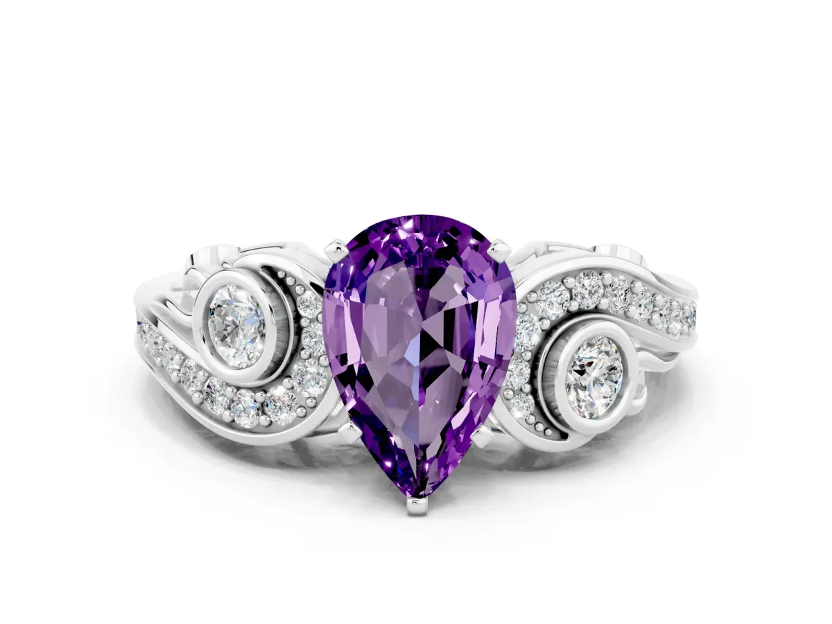 Pear Cut Amethyst Solitaire Ring with Milgrain Pavé Band and Four-Prong Setting Silver