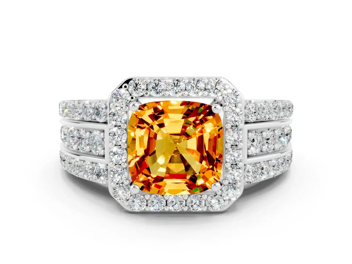 Cushion Cut Halo Citrine Ring with Round Split Shank and Prong Setting Platinum