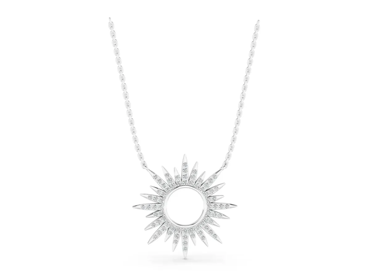 Round Cut Diamond Sunburst Pendant with Pavé Setting Silver
