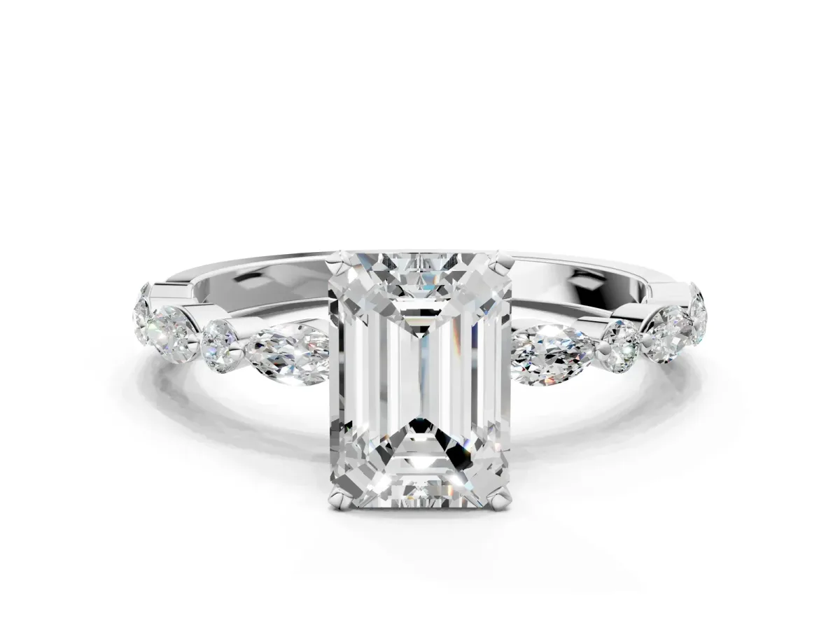 Emerald Cut Diamond Ring with Marquise and Round Side Stones and Four-Prong Setting Silver