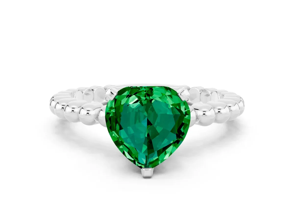 Heart Cut Emerald Solitaire Ring with Beaded Band and Prong Setting White gold