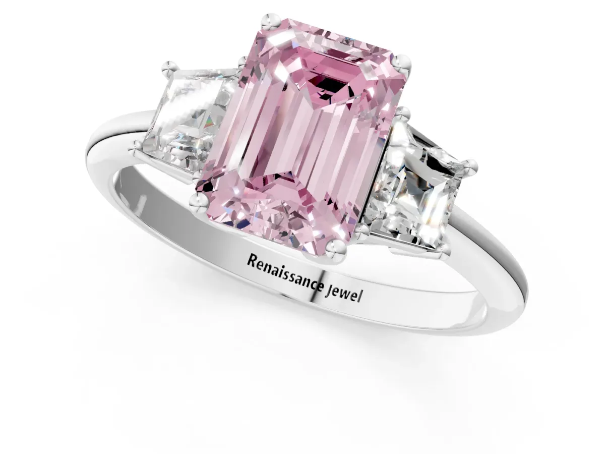 Fancy Pink Emerald Cut Diamond Three-Stone Ring with Trapezoid Side Stones and Prong Setting Platinum