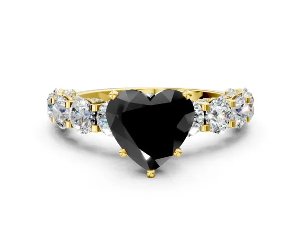 Fancy Black Heart Cut Diamond Side Stone Engagement Ring with Four-Prong Setting Yellow gold