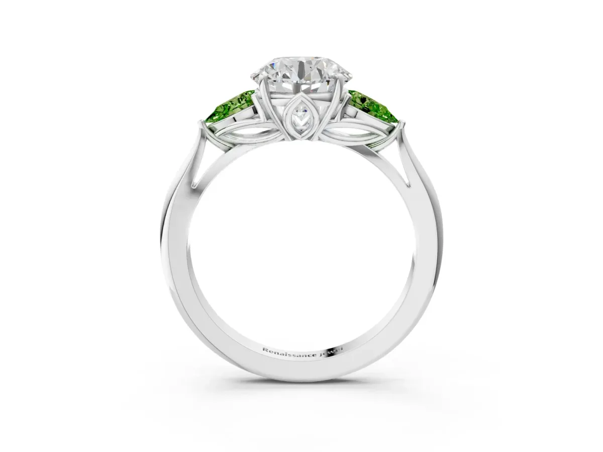Round Cut Diamond Three-Stone Ring with Pear Peridot Side Stones and Prong Setting Silver