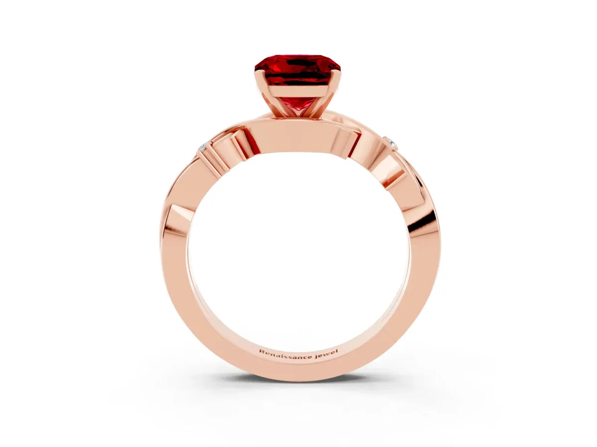 Cushion Cut Ruby Solitaire Ring with Twisted Band and Prong Setting Rose gold