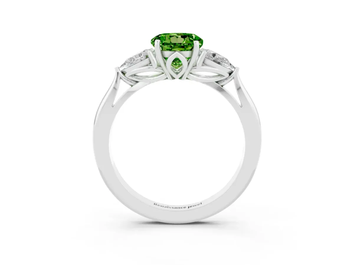 Three-Stone Round Cut Peridot Ring with Pear Side Stones in Four-Prong Setting Platinum