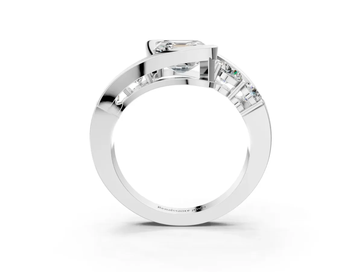 Bezel Set Asscher Cut Diamond Bypass Ring with Round Accents White gold