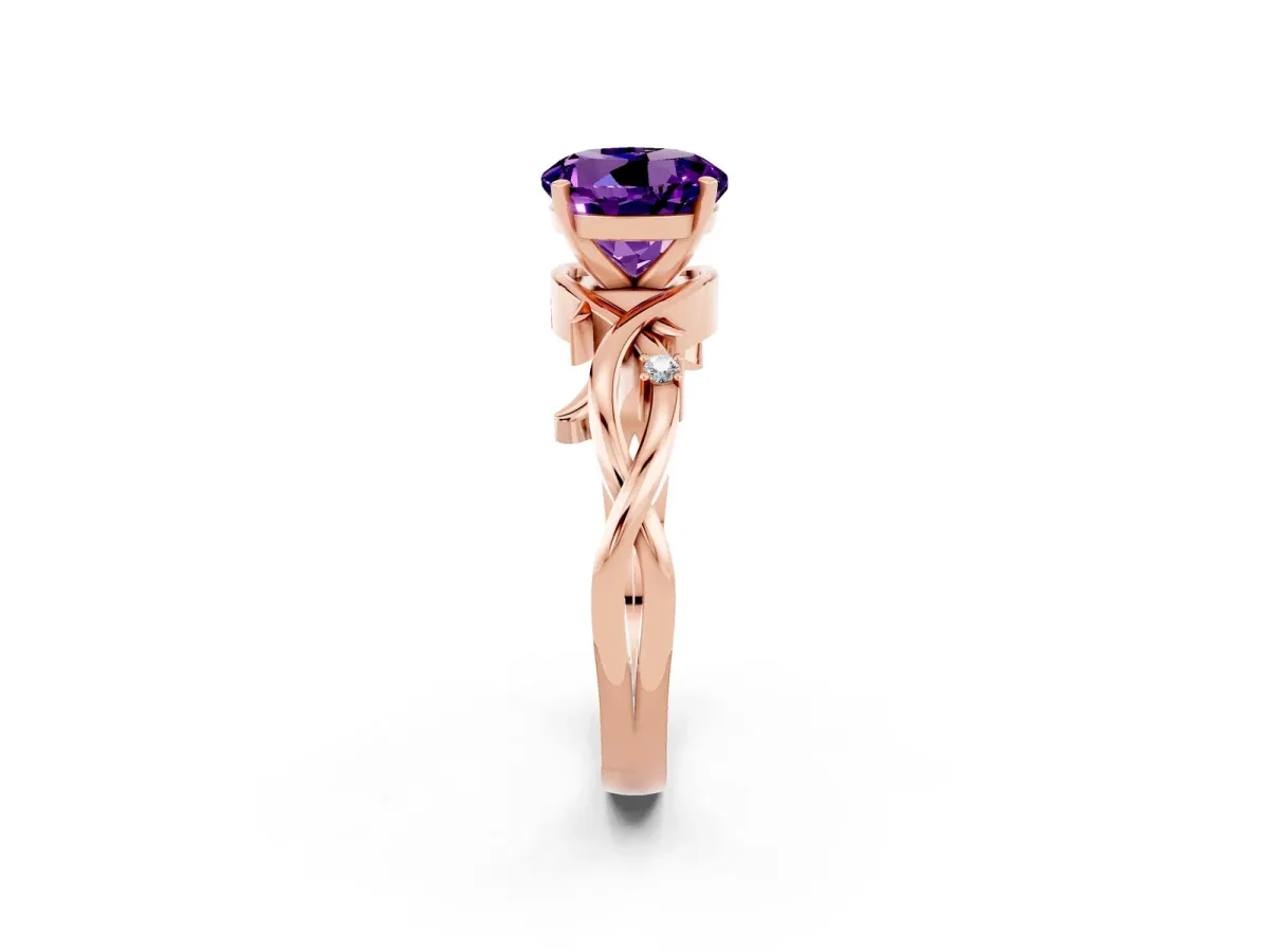 Round Cut Amethyst Solitaire Ring with Twisted Band and Prong Setting Rose gold