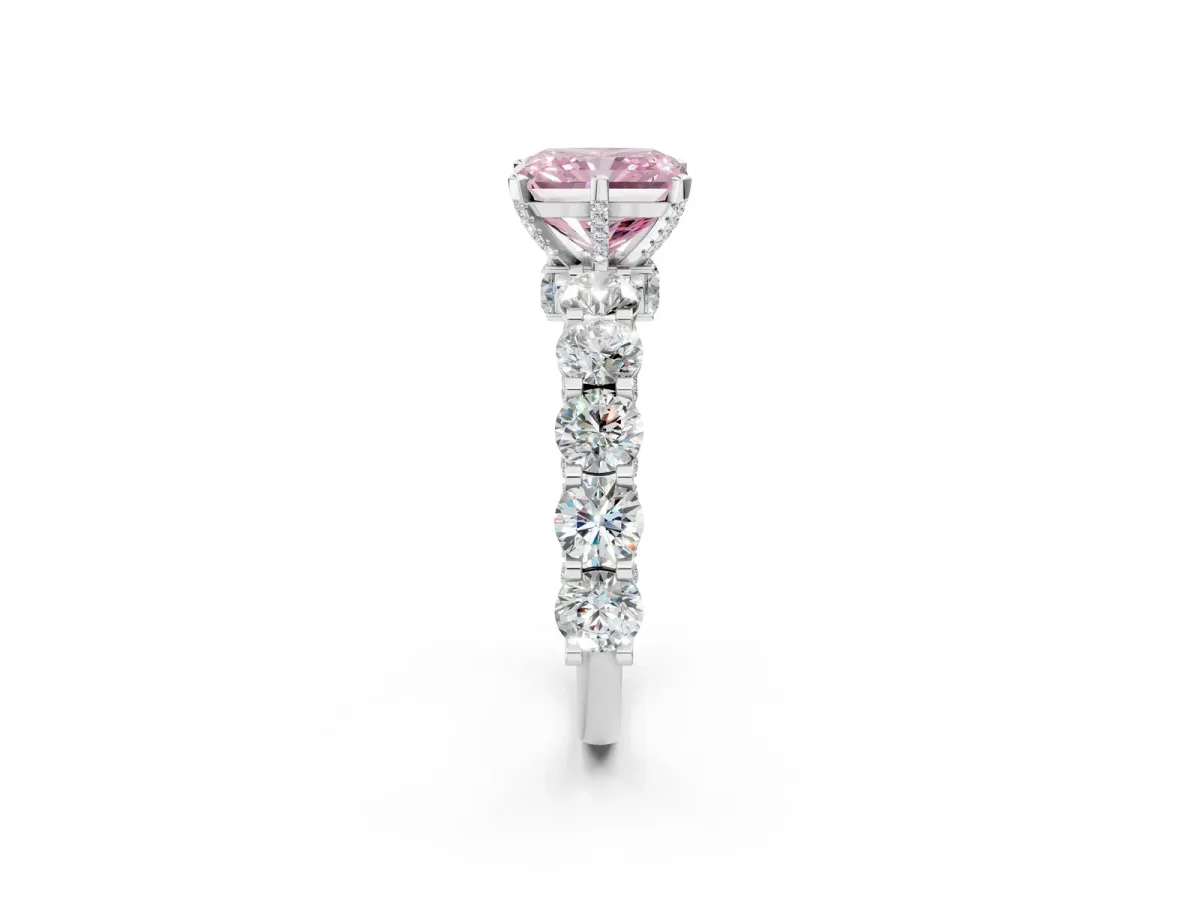 Fancy Pink Radiant Cut Diamond Side Stone Engagement Ring with Four-Prong Setting Silver