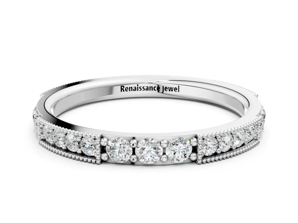 Milgrain Round Diamond Pavé Channel Set White Gold Band Silver