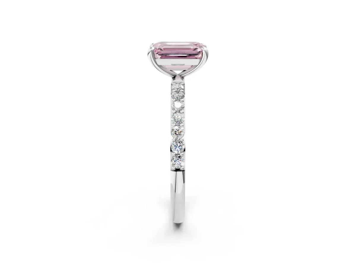 Fancy Pink Emerald Cut Diamond Solitaire Ring with Round Pavé Band and Prong Setting Platinum