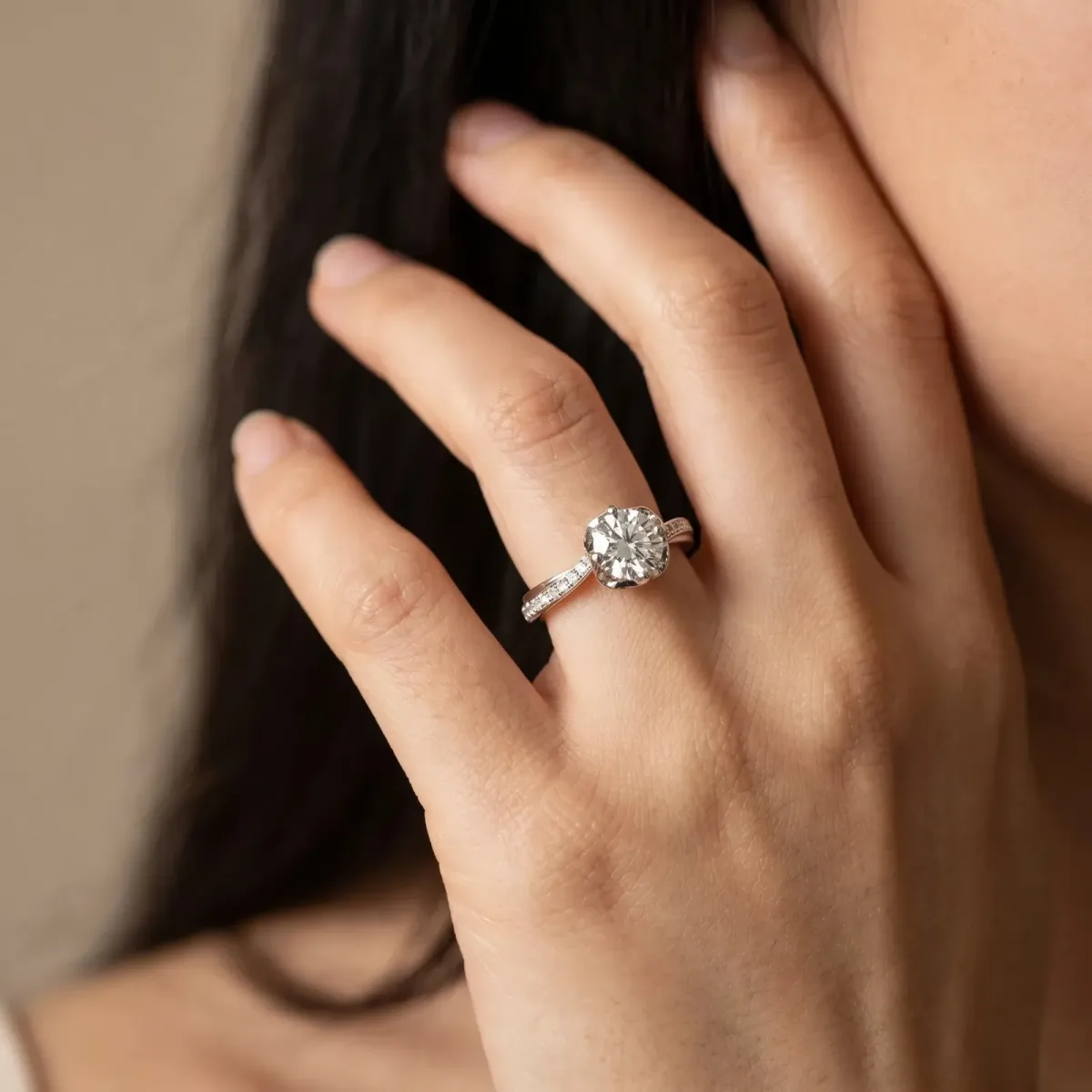 Round Cut Diamond Solitaire Ring with Pavé Band and Sculpted Prong Setting Silver