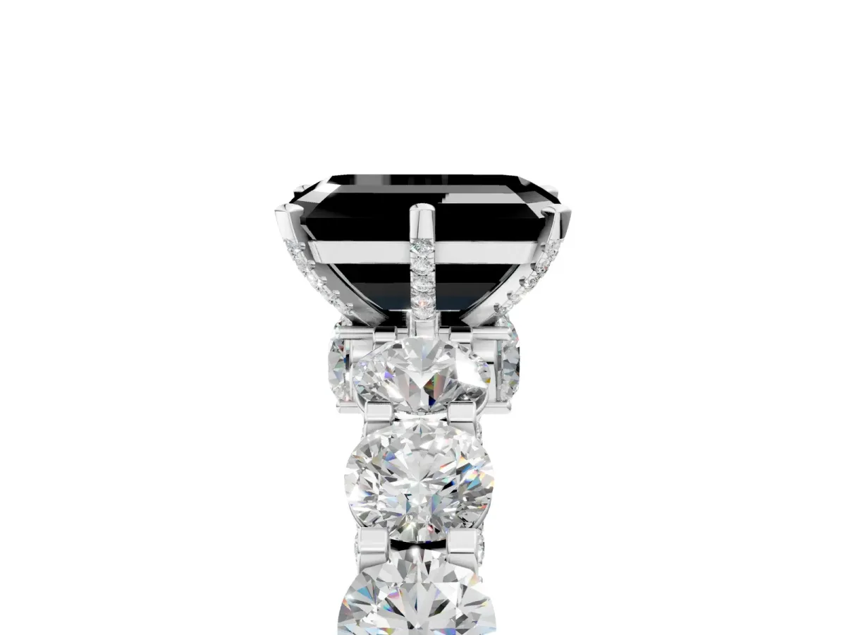 Fancy Black Emerald Cut Diamond Side Stone Engagement Ring with Four-Prong Setting White gold