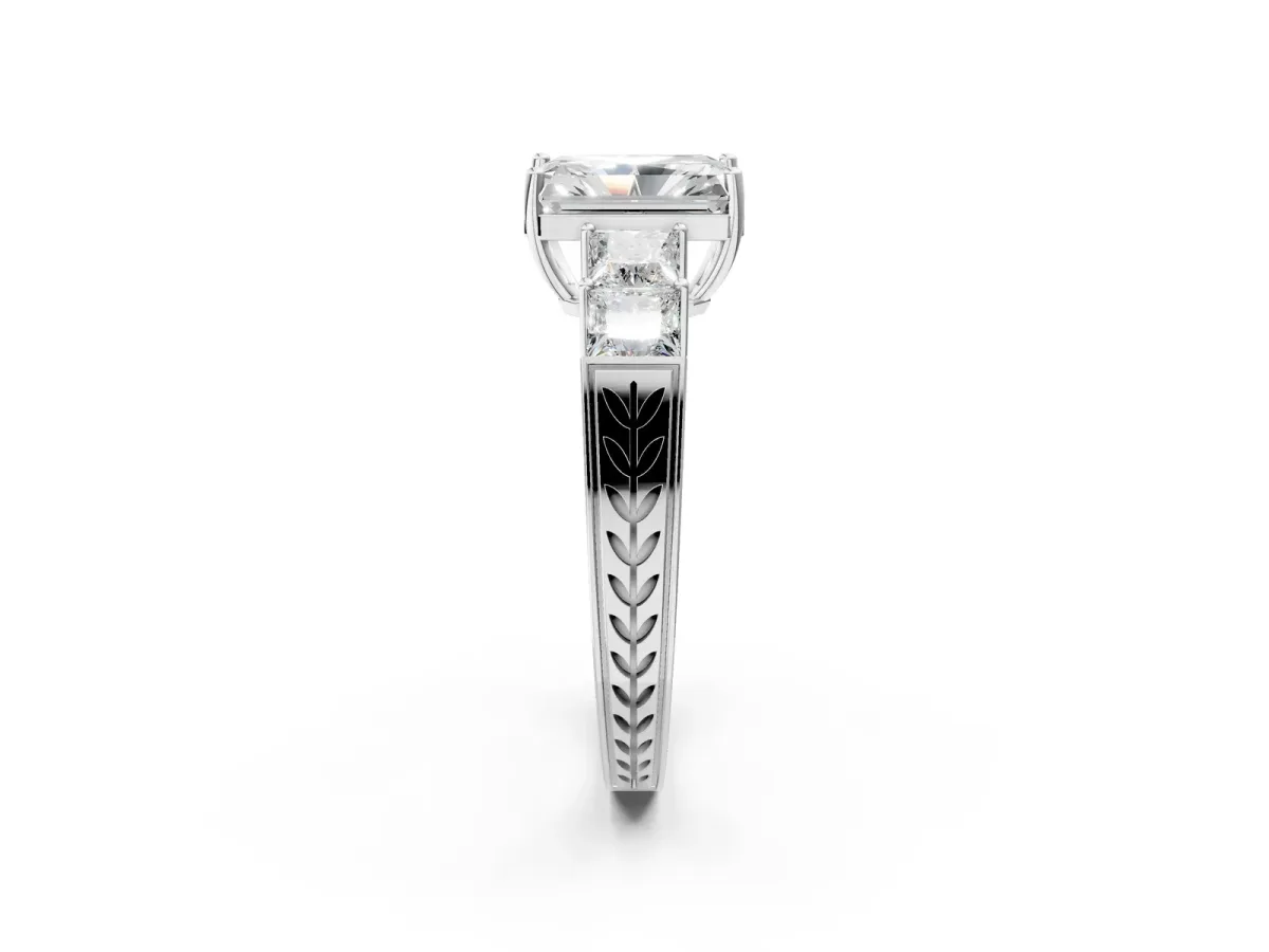 Radiant Cut Solitaire Princess Side Stone Engraved Band Prong Setting Ring Platinum
