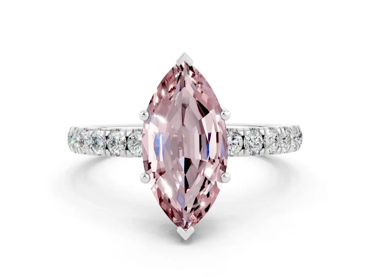 Marquise Cut Morganite Pave Band Solitaire Ring with Round and Prong Setting Silver