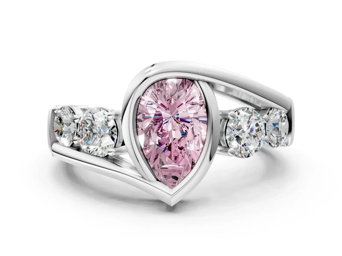 Fancy Pink Bezel Set Pear Cut Diamond Bypass Ring with Round Accents Platinum