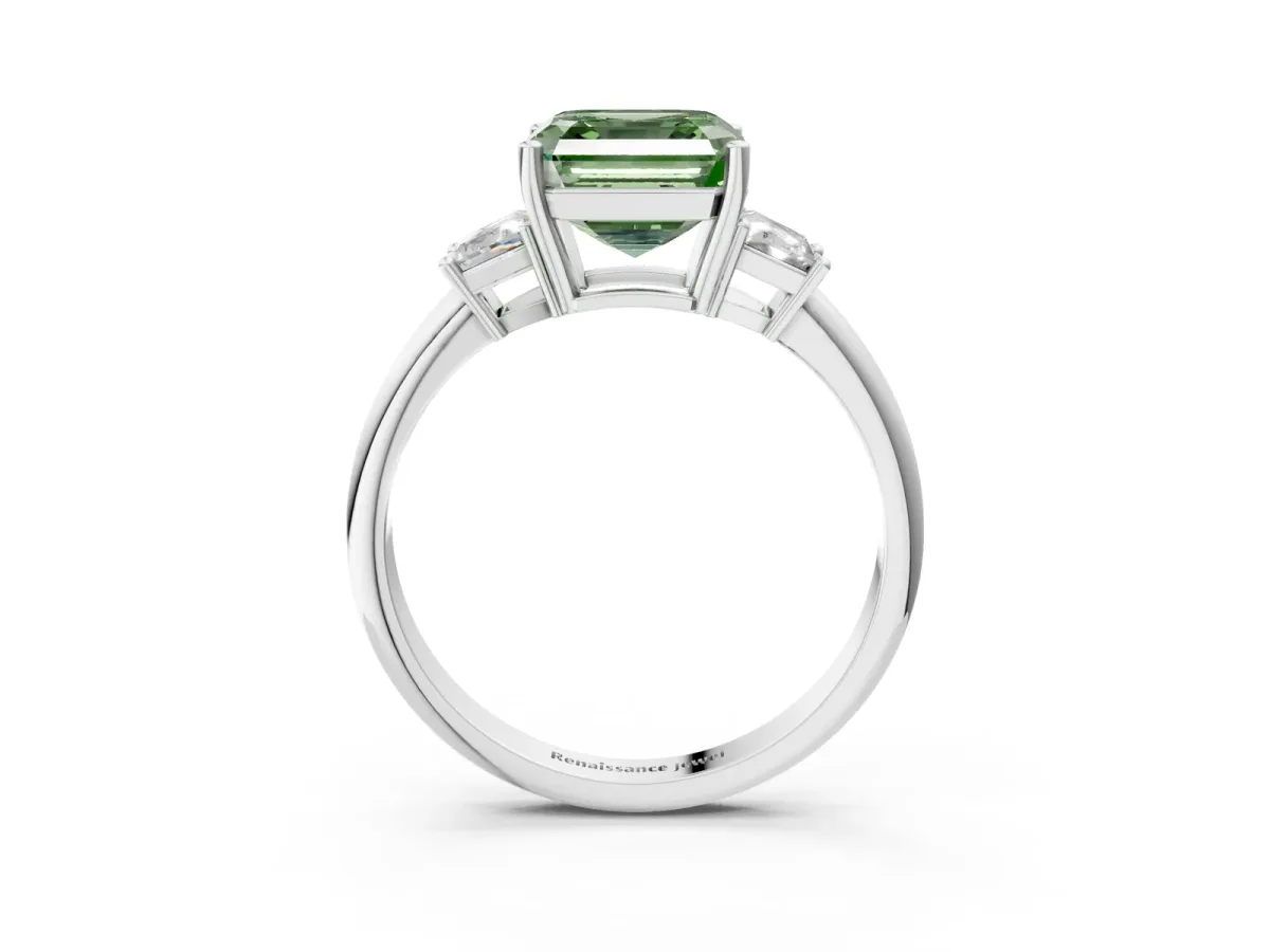 Fancy Green Asscher Cut Diamond Three-Stone Ring with Trapezoid Side Stones and Prong Setting Platinum