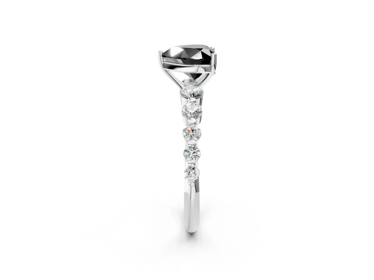 Fancy Black Heart Cut Solitaire Diamond Ring with Pave Band and Four-Prong Setting Silver