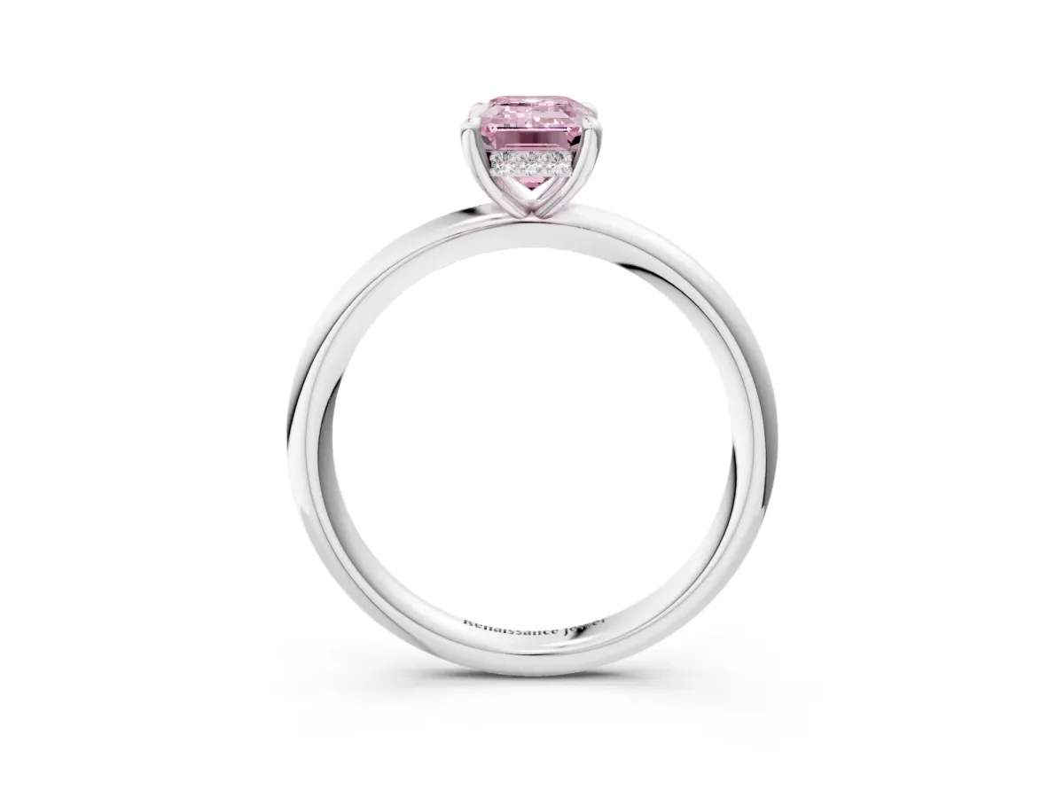 Fancy Pink Emerald Cut Diamond Solitaire Ring with Thin Band and Four-Prong Setting Platinum
