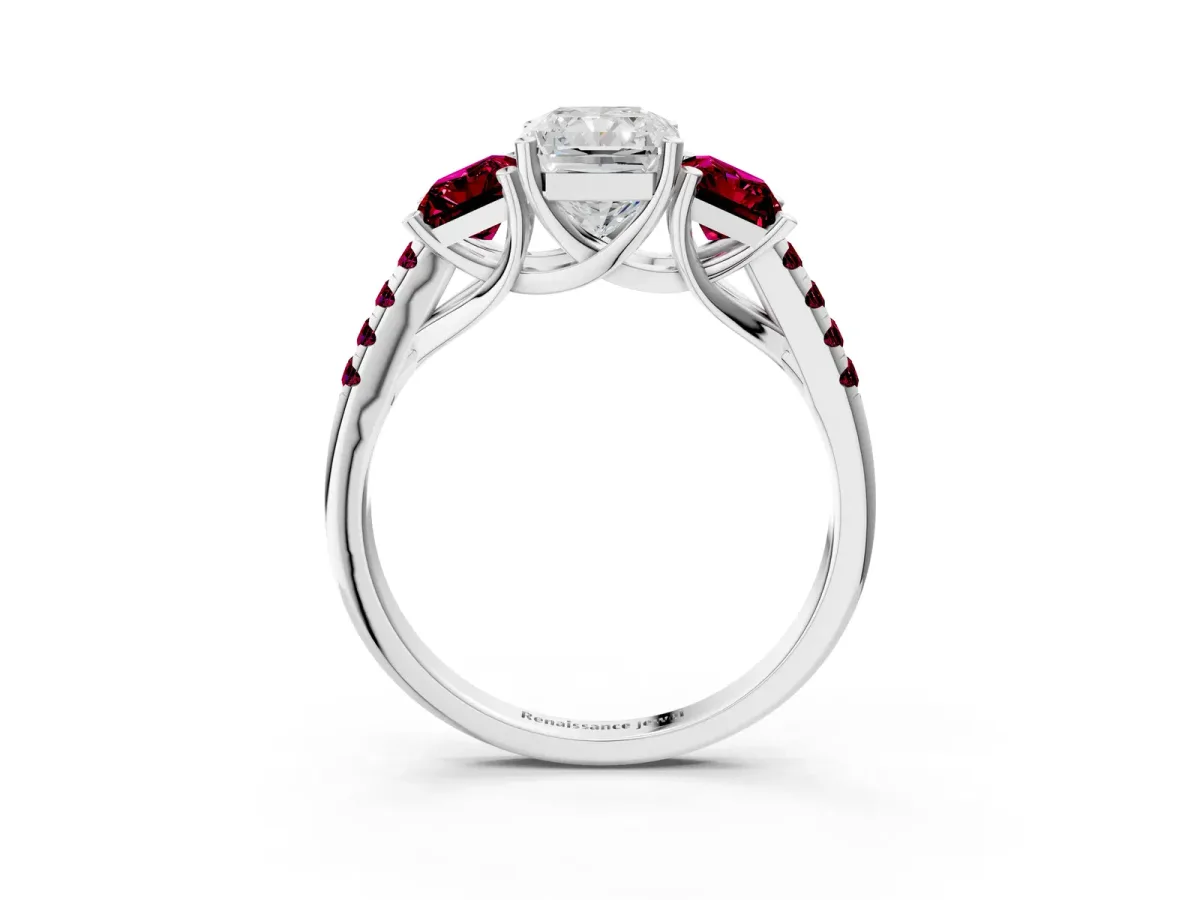 Three-Stone Radiant Cut Diamond Ring with Round Garnet Pavé Band and Prong Setting Silver
