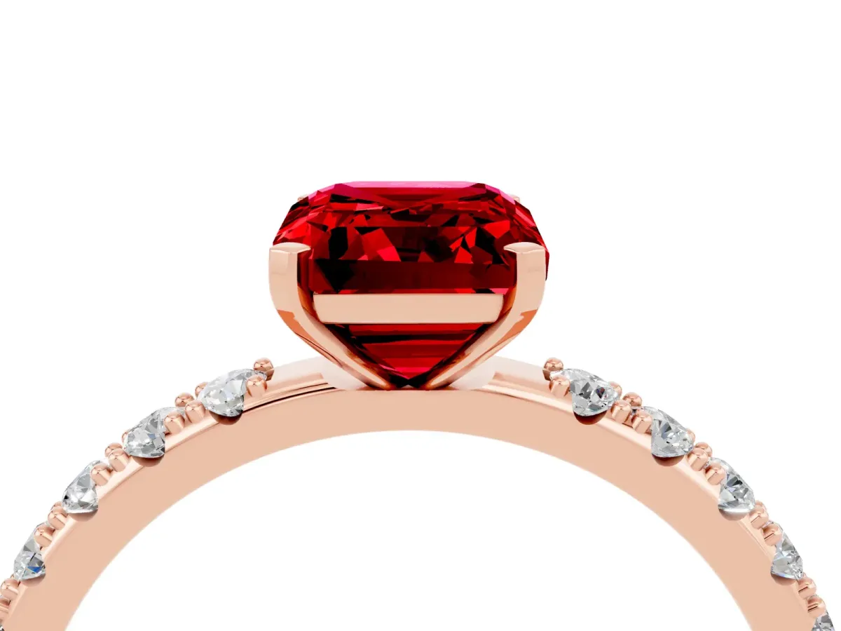 Emerald Cut Ruby Solitaire Pavé Band with Four-Prong Setting Rose gold