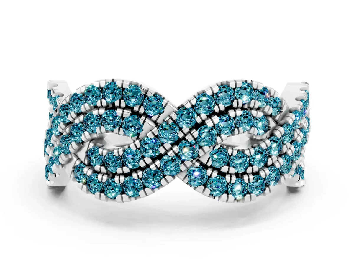 Pavé Round Blue Topaz Infinity Twist Band with Shared Prong Setting Platinum