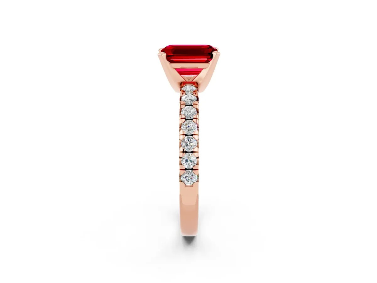 Emerald Cut Ruby Solitaire Pavé Engagement Ring with Round Band and Prong Setting Rose gold