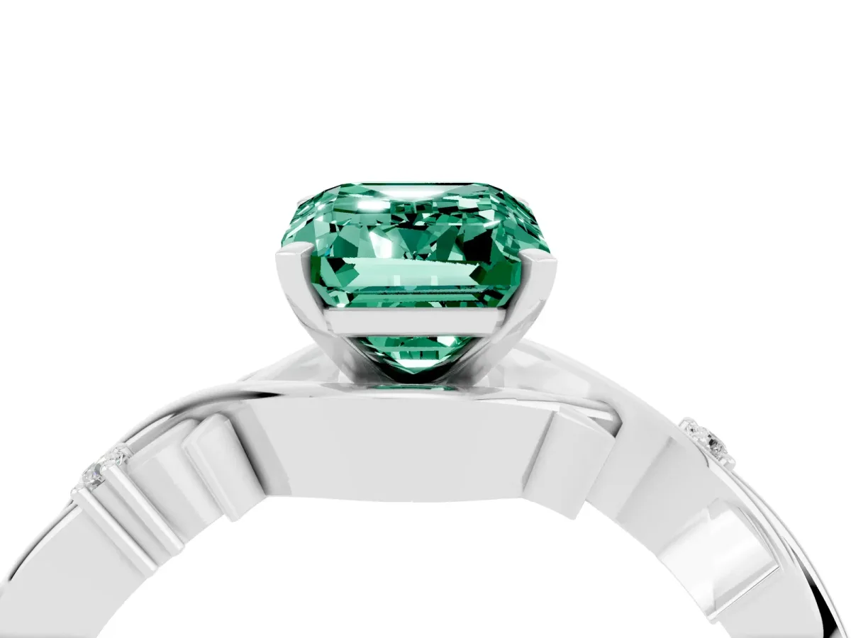 Emerald Cut Green Sapphire Solitaire Ring with Twisted Band and Prong Setting Silver