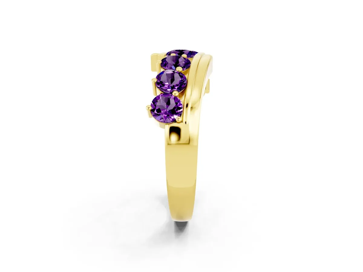 Round Amethyst Wave Band with Channel and Shared Prong Setting Yellow gold