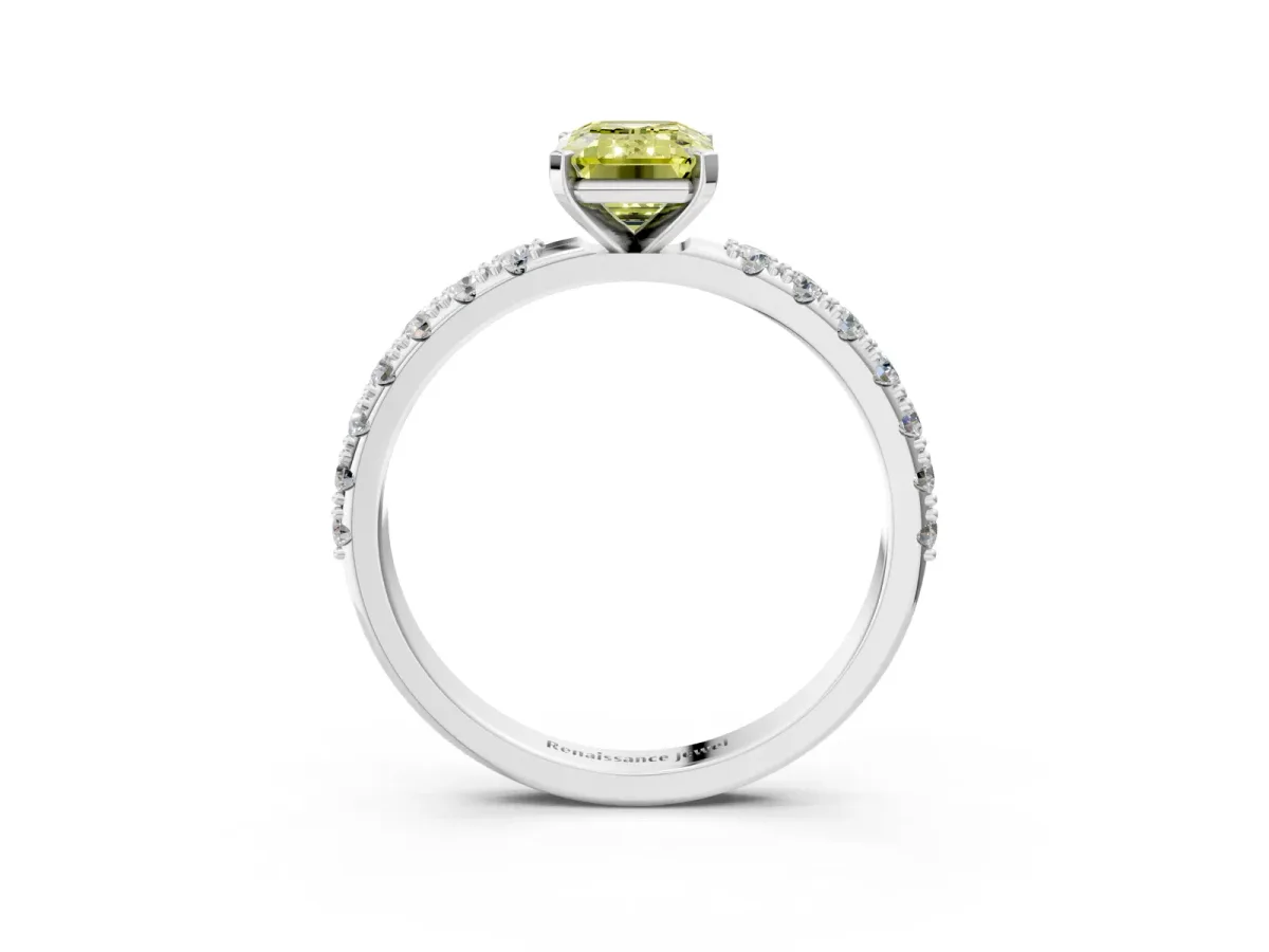 Fancy Yellow Emerald Cut Diamond Solitaire Pavé Band with Four-Prong Setting Silver