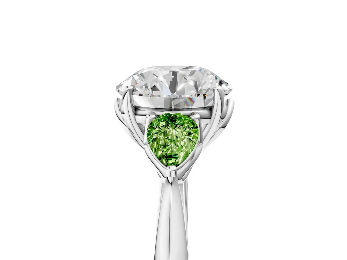 Round Cut Diamond Three-Stone Ring with Pear Peridot Side Stones and Prong Setting Silver