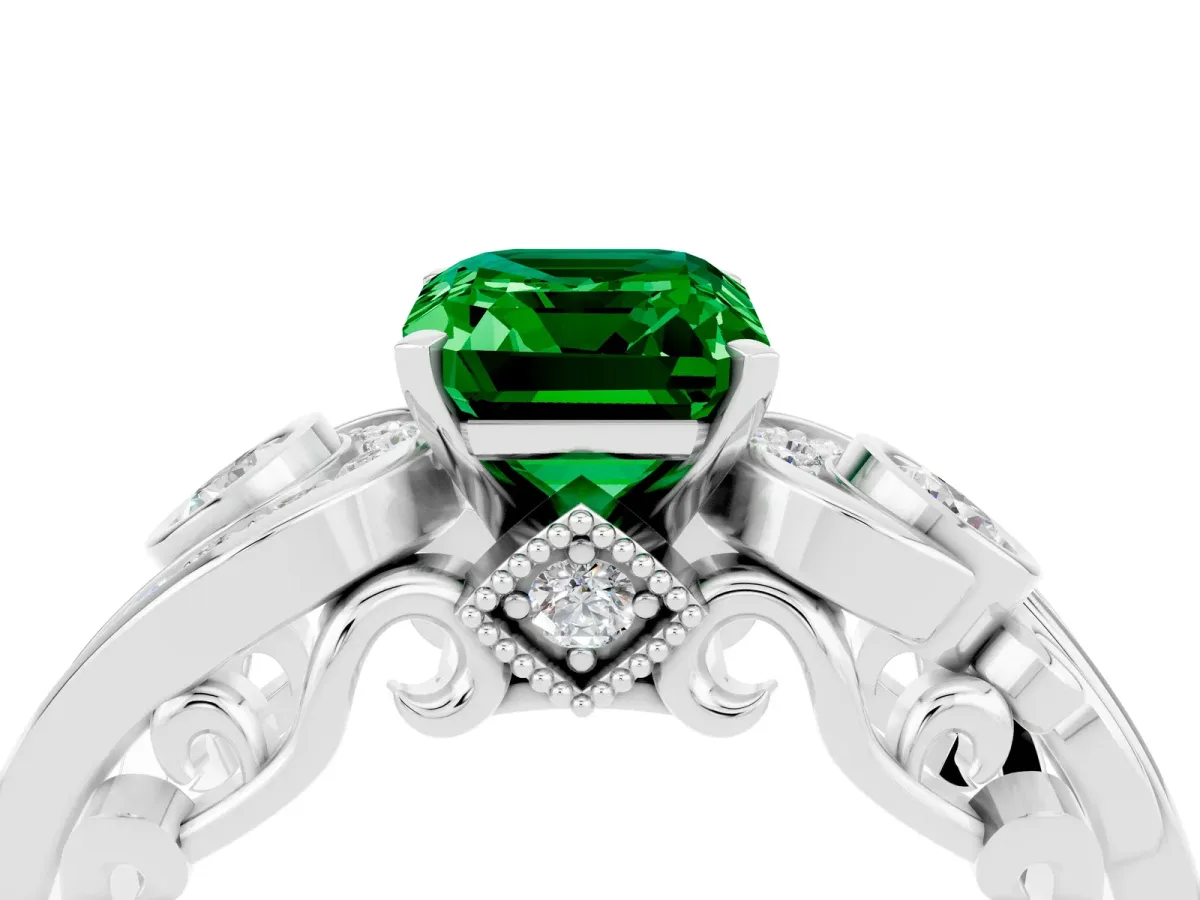 Emerald Cut Emerald Solitaire Ring with Milgrain Pavé Band and Four-Prong Setting Platinum