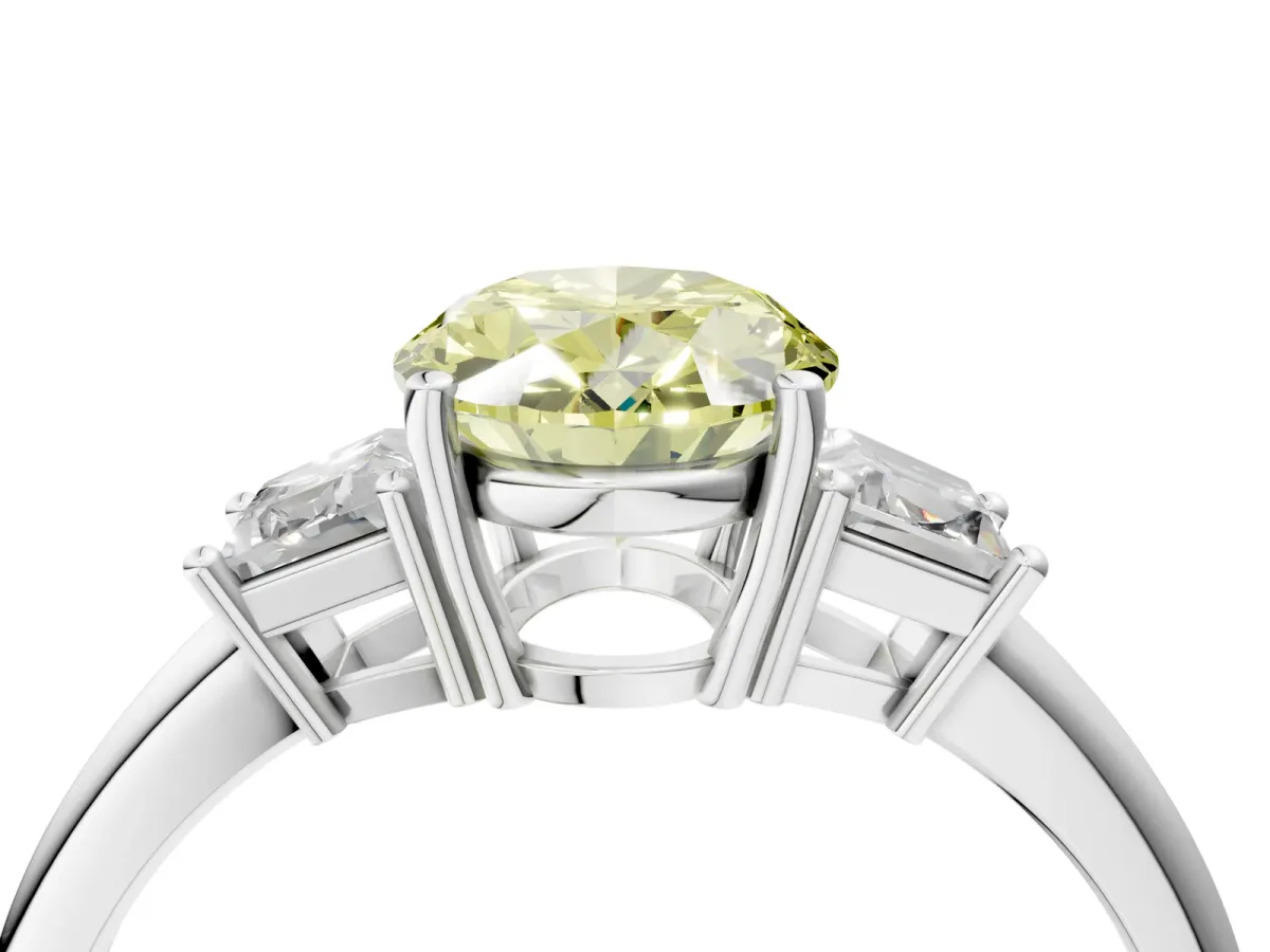 Fancy Yellow Oval Cut Diamond Three-Stone Ring with Trapezoid Side Stones and Prong Setting Platinum