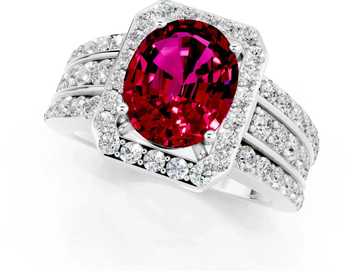 Oval Cut Halo Garnet Ring with Round Split Shank and Prong Setting Platinum