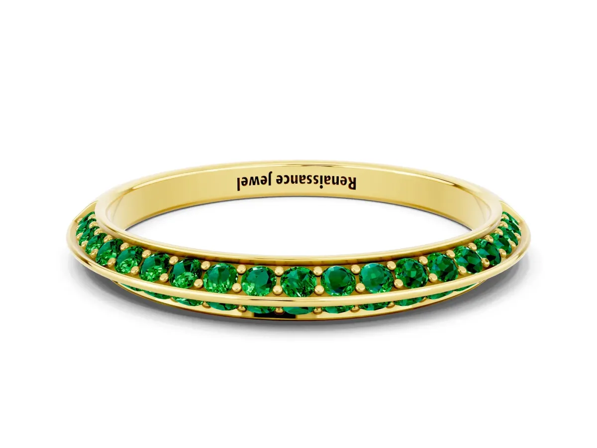 Double Row Pavé Round Emerald Eternity Band with Channel Setting Yellow gold