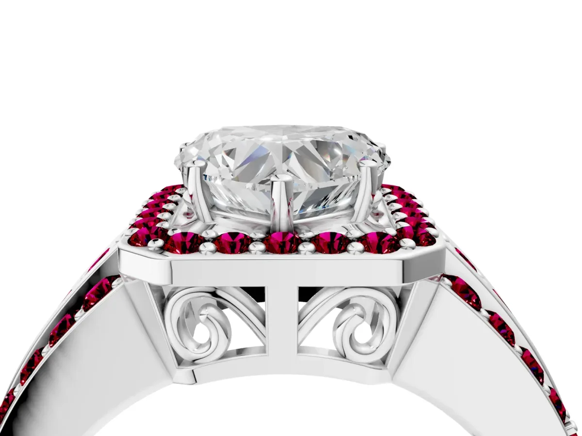 Heart Cut Halo Diamond Ring with Round Garnet Split Shank and Prong Setting Silver