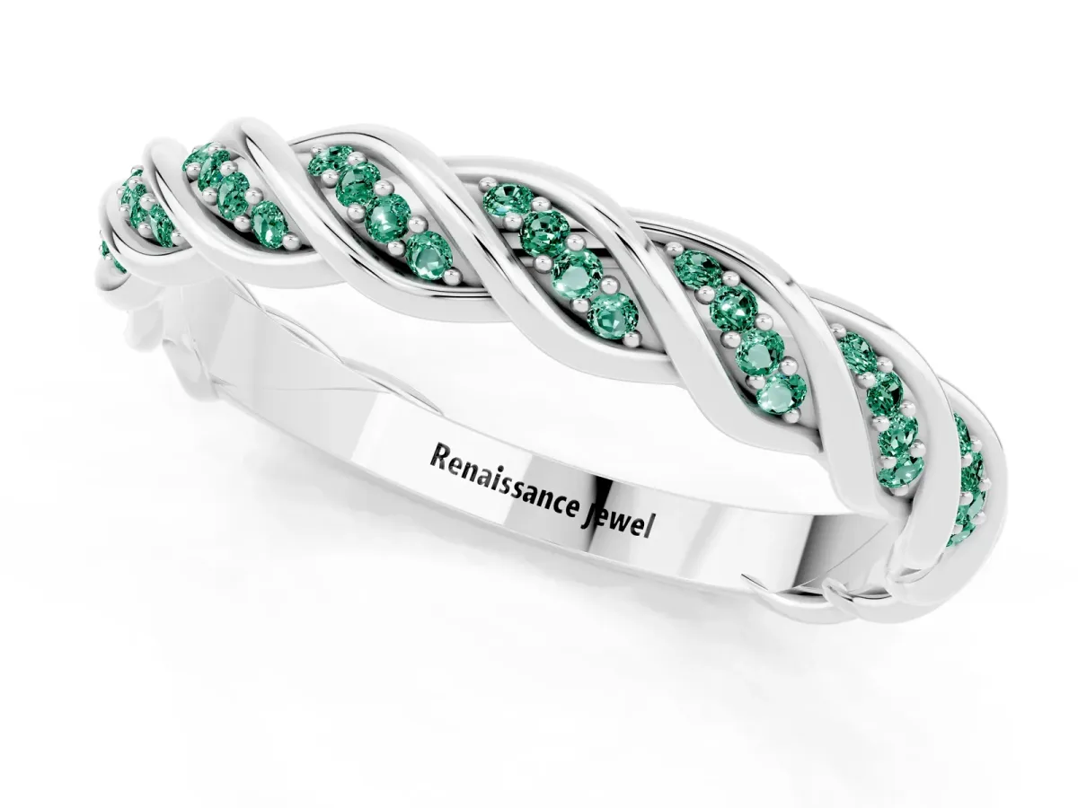 Twisted Pavé Round Green Sapphire Eternity Band with Shared Prong Setting White gold