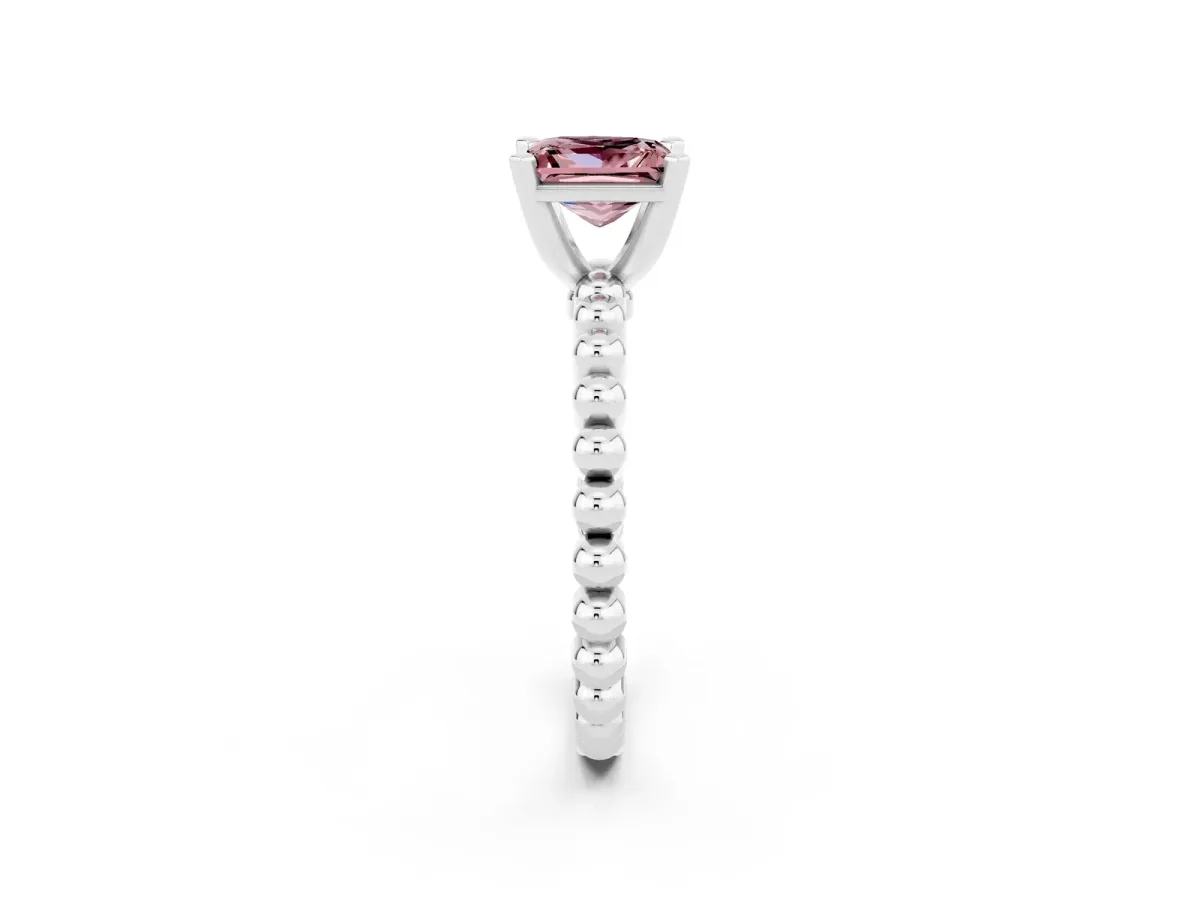 Princess Cut Morganite Solitaire Ring with Beaded Band and Prong Setting Platinum
