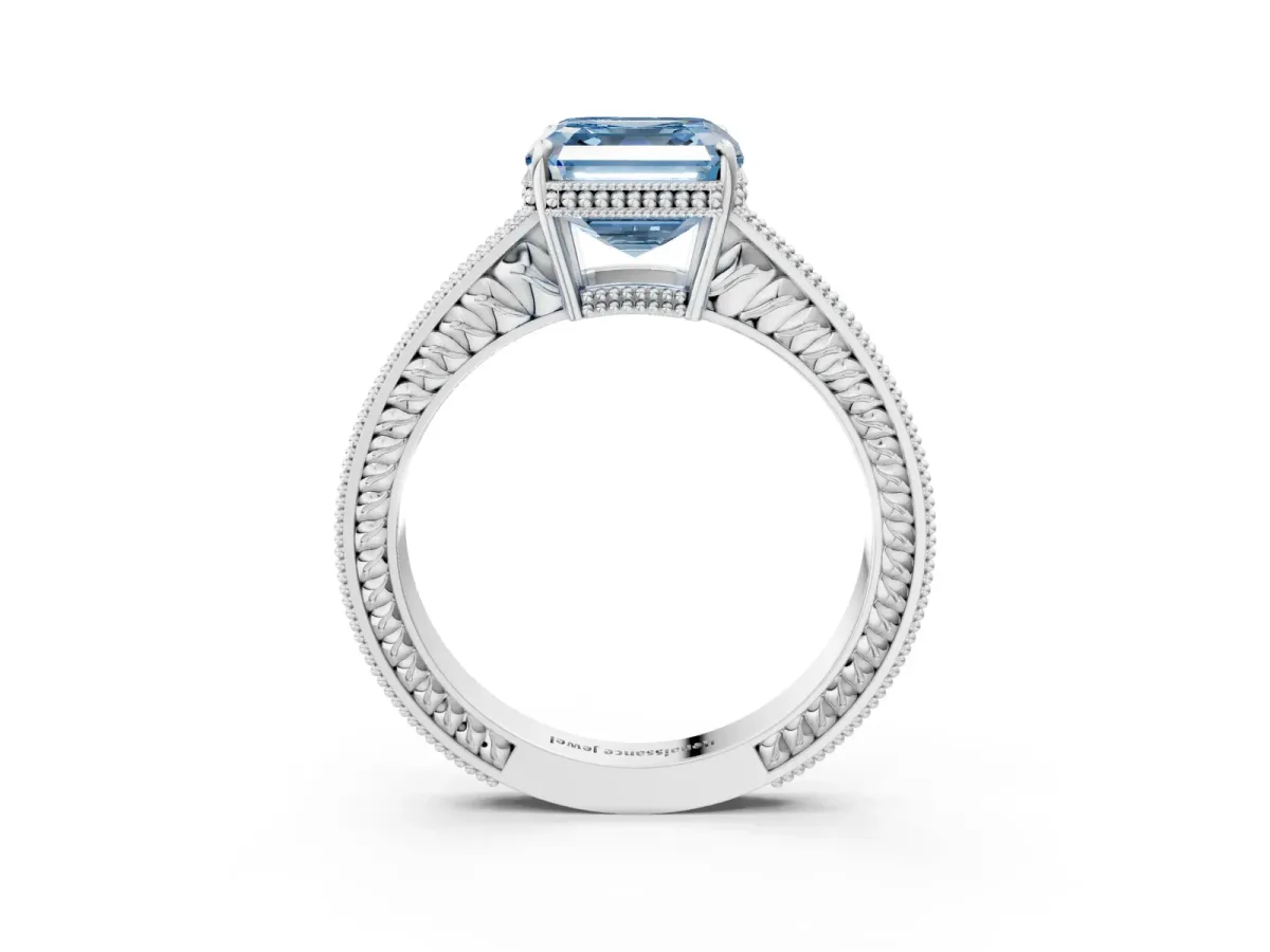 Fancy Blue Asscher Cut Cut Diamond Milgrain Pave Band Four-Prong Setting Ring Platinum