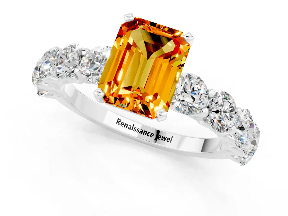 Emerald Cut Citrine Prong Setting with Side Stones on a Pave Band White gold