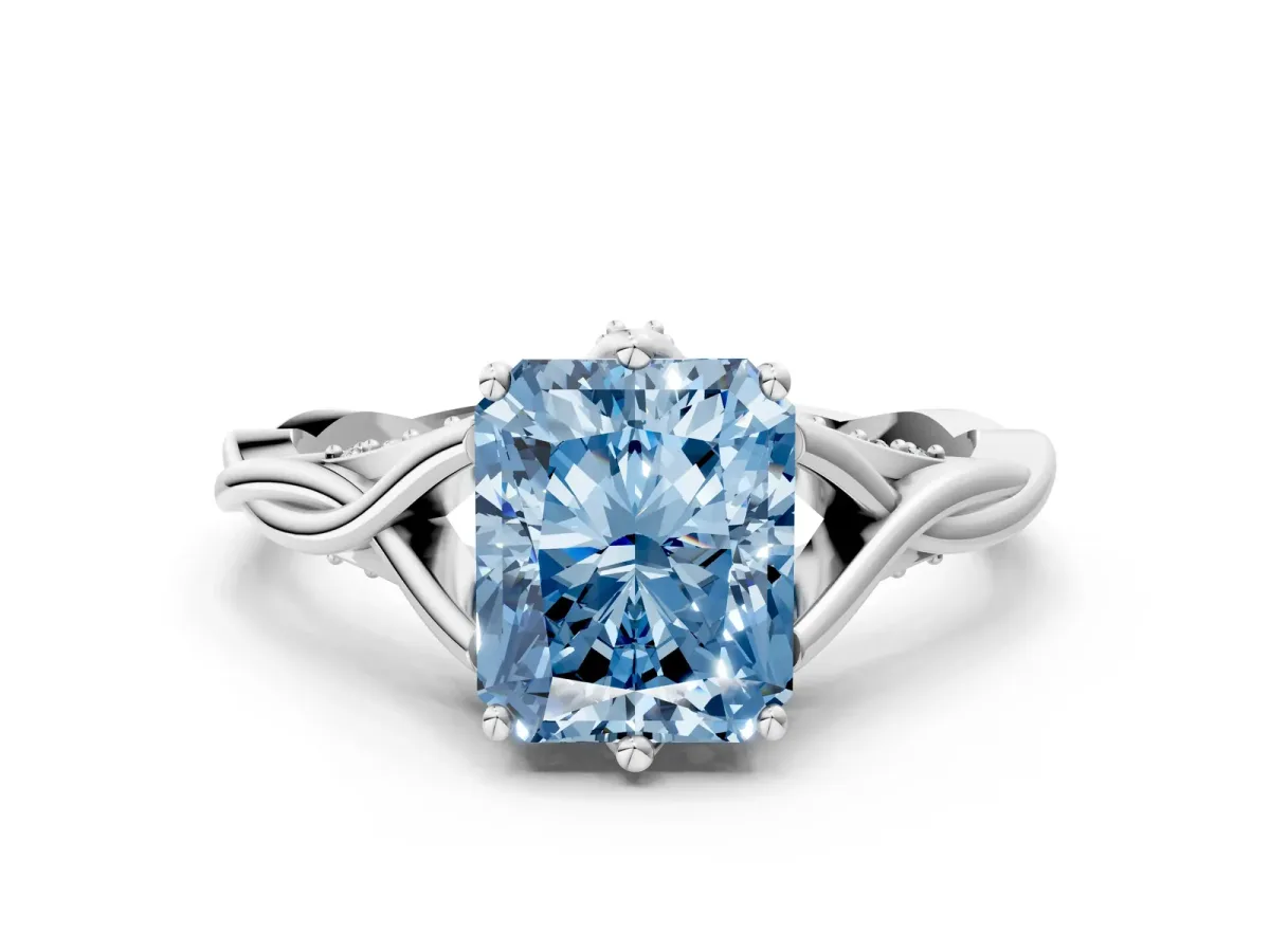 Fancy Blue Radiant Cut Solitaire Twist Band Six-Prong Setting Platinum