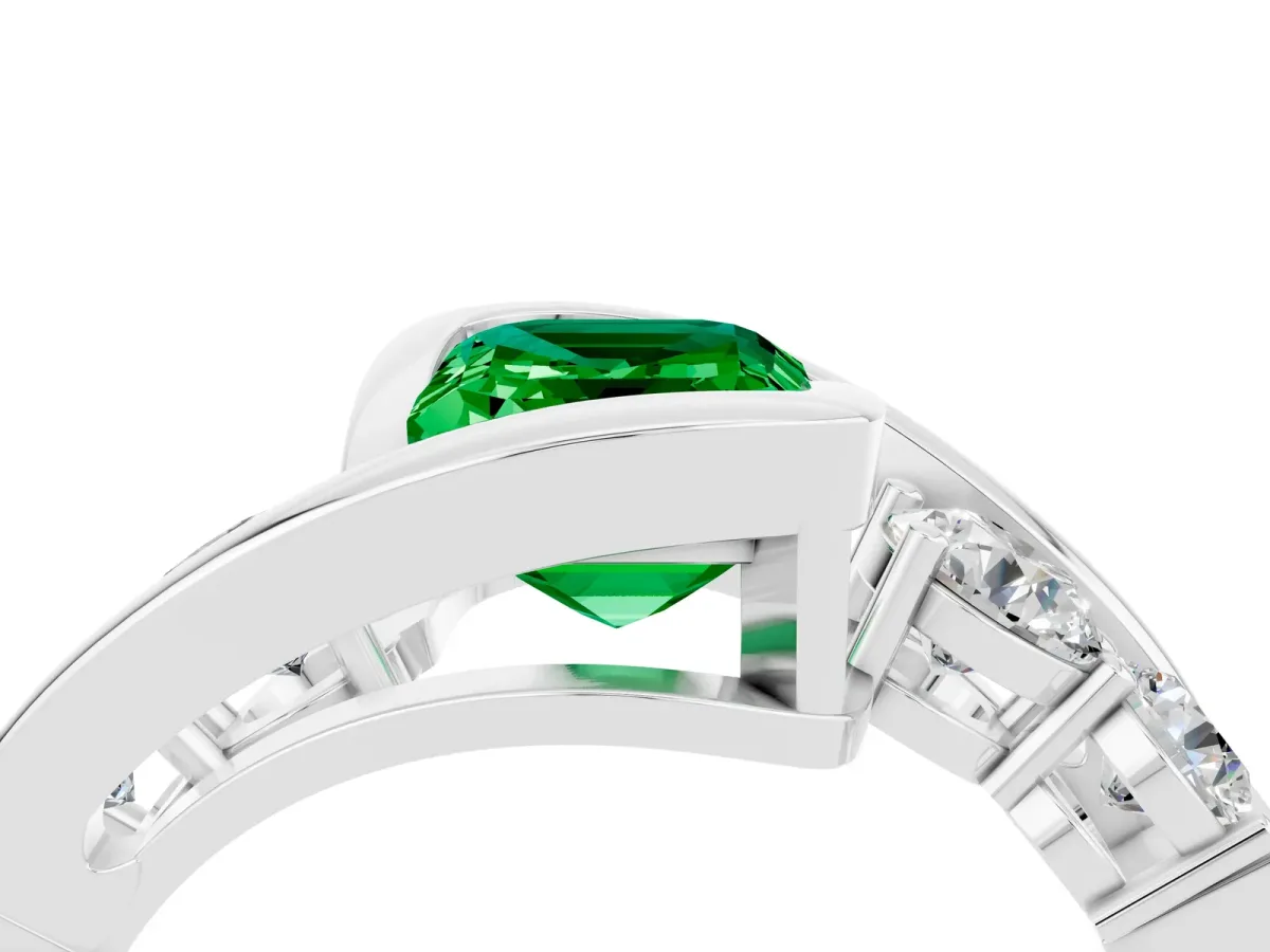 Bezel Set Emerald Cut Emerald Bypass Ring with Round Accents Silver