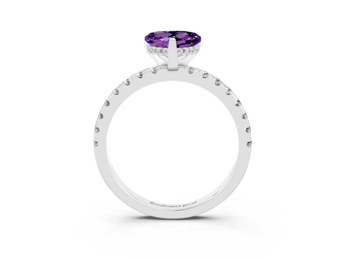 Heart Cut Amethyst Solitaire Ring with Round Pavé Band and Four-Prong Setting Silver
