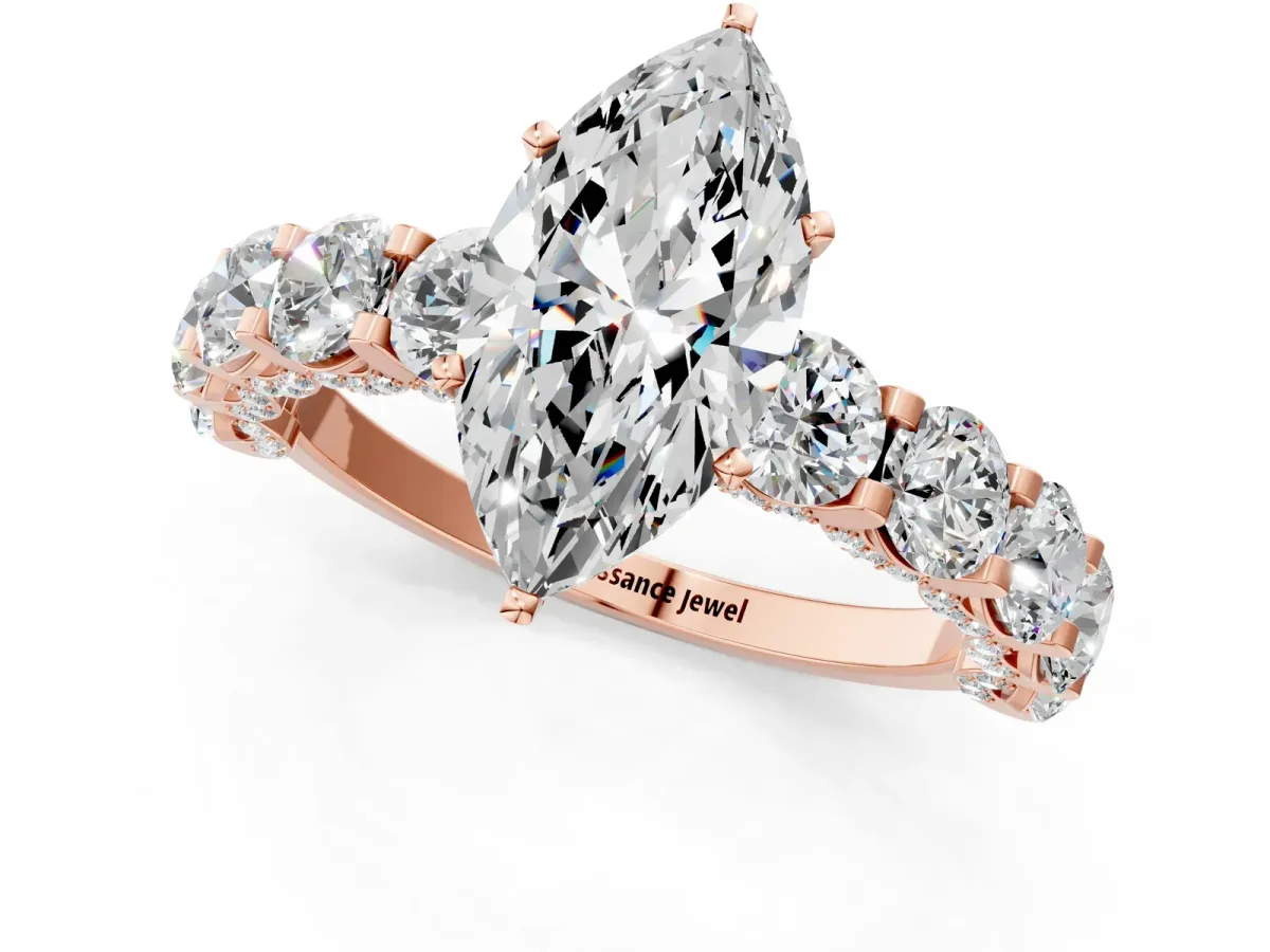 Marquise Cut Diamond Side Stone Engagement Ring with Four-Prong Setting Rose gold