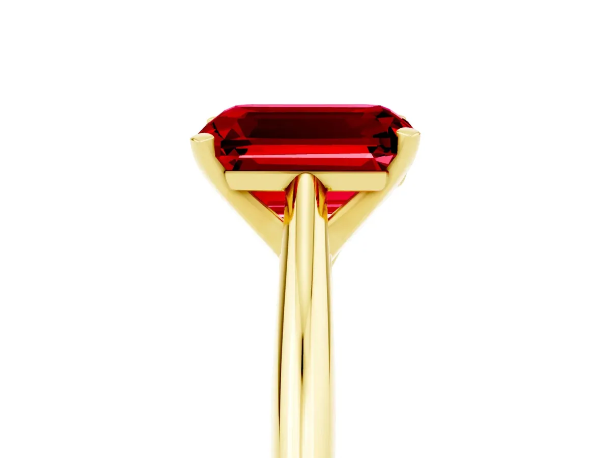 Emerald Cut Ruby Solitaire Engagement Ring with Cathedral Setting and Four-Prong Mount Yellow gold