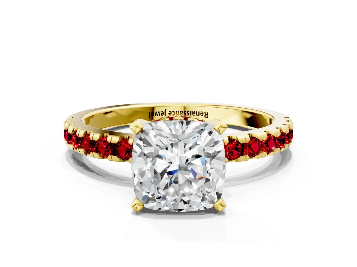 Cushion Cut Diamond Solitaire Ring with Round Ruby Pavé Band and Four-Prong Setting Yellow gold