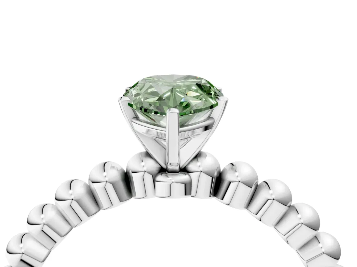 Fancy Green Pear Cut Diamond Solitaire Ring with Beaded Band and Prong Setting White gold
