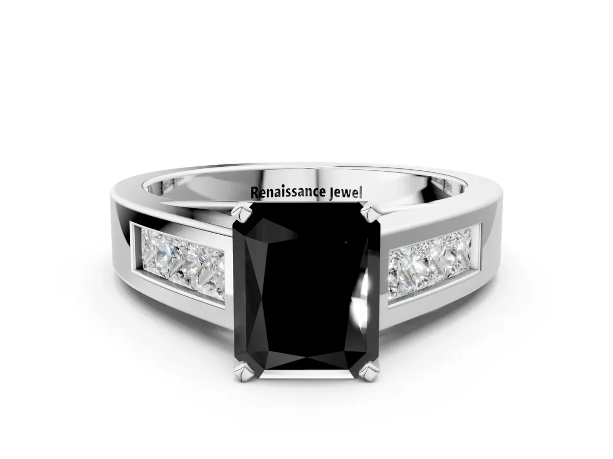 Fancy Black Radiant Cut Cut Channel Set Solitaire Ring with Four-Prong Setting Platinum